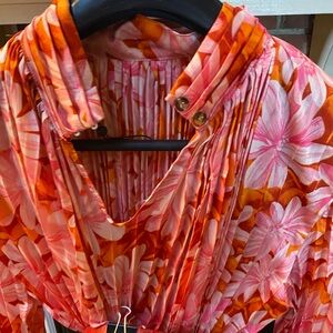 BEULAH STYLE Pleated Floral Blouse in Pink & Orange